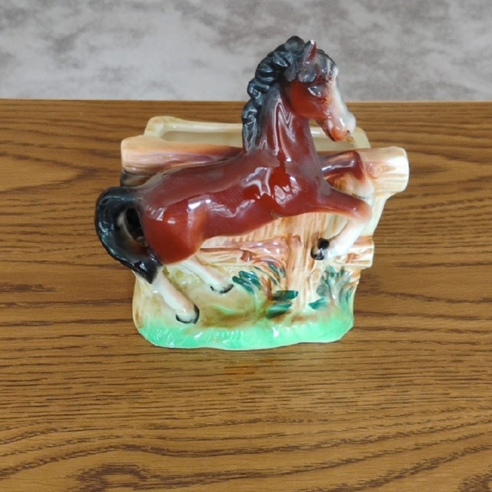 Ceramic Horse Figurine Planter in Brown and Black